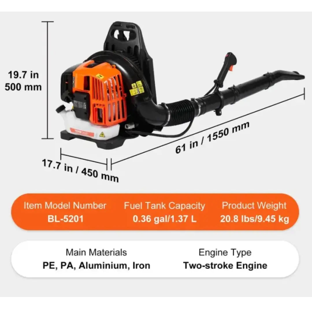 Steadrex Gas Leaf Blower 52CC Backpack Snow Blower 2 Stroke with Fuel Tank 1.37L Air Volume 480CFM for Lawn Care, Leaf Cleaning, Snow Removal
