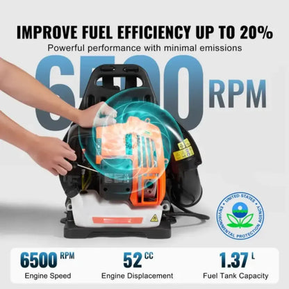 Steadrex Gas Leaf Blower 52CC Backpack Snow Blower 2 Stroke with Fuel Tank 1.37L Air Volume 480CFM for Lawn Care, Leaf Cleaning, Snow Removal