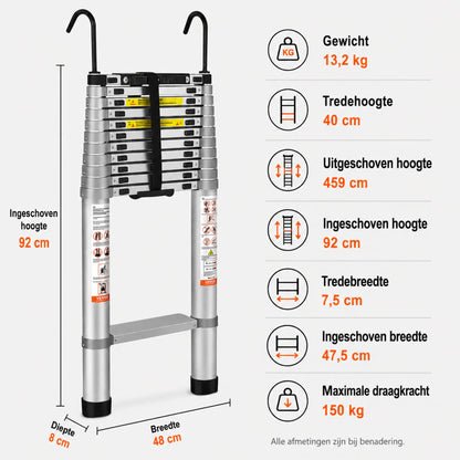 Steadrex 2.6M Uitschuifbare Aluminium Ladder – Extra Sterk, Compact Opvouwbaar Ontwerp, Ideaal voor Thuisgebruik, Dakwerkzaamheden, Campers en Buitenklussen.