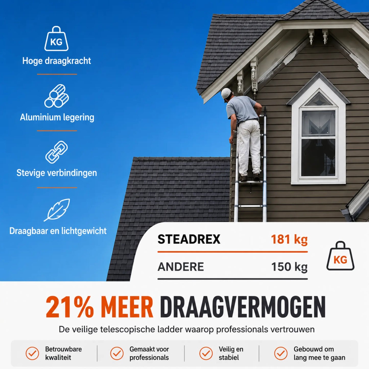 Steadrex 2.6M Uitschuifbare Aluminium Ladder – Extra Sterk, Compact Opvouwbaar Ontwerp, Ideaal voor Thuisgebruik, Dakwerkzaamheden, Campers en Buitenklussen.
