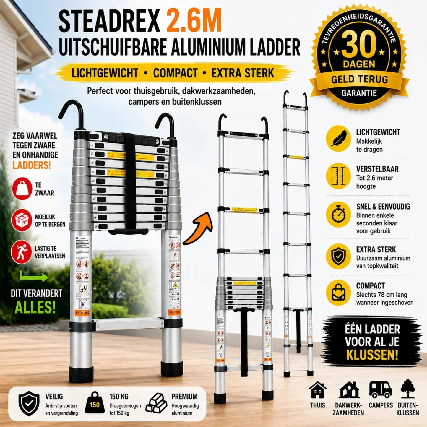 Steadrex 2.6M Uitschuifbare Aluminium Ladder – Extra Sterk, Compact Opvouwbaar Ontwerp, Ideaal voor Thuisgebruik, Dakwerkzaamheden, Campers en Buitenklussen.
