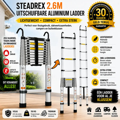 Steadrex 2.6M Uitschuifbare Aluminium Ladder – Extra Sterk, Compact Opvouwbaar Ontwerp, Ideaal voor Thuisgebruik, Dakwerkzaamheden, Campers en Buitenklussen.