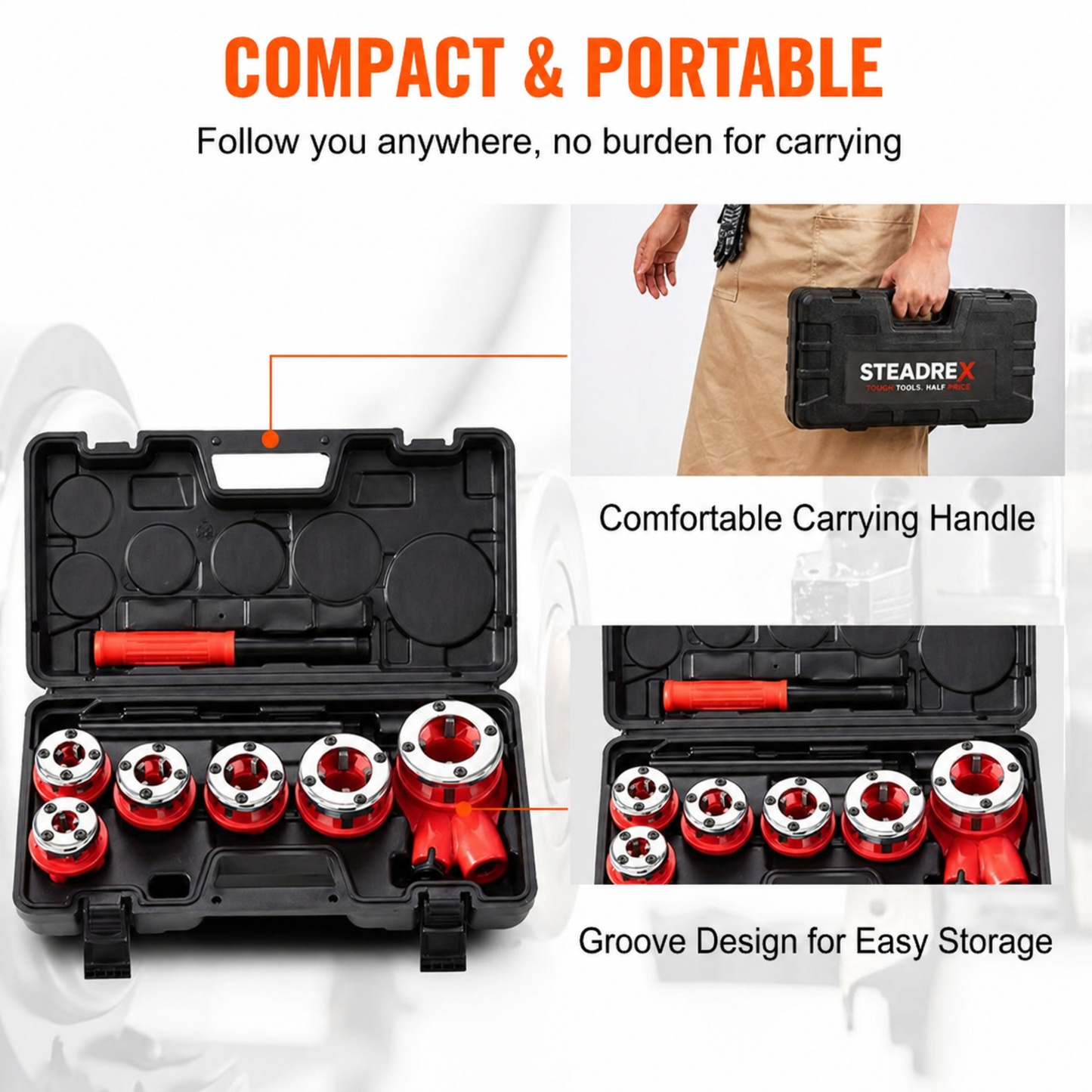 Steadrex Plumber's Pipe Tapping Kit Manual Plumbing Steel Threader Set with 6 Dies for Water and Gas Pipe Fitting KATSU 318504