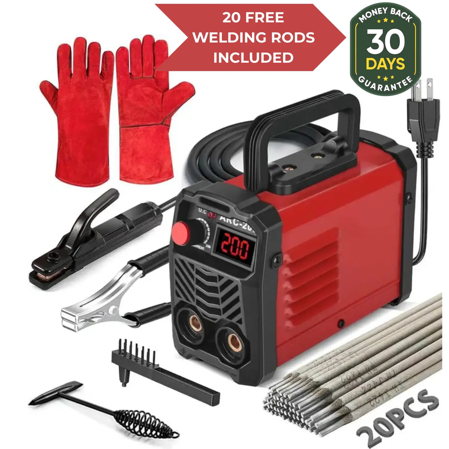 Sistema de soldadura completo Steadrex QuickWeld - Máquina de soldar portátil de 110 V con arranque en caliente, fuerza de arco y antiadherente, incluye 20 varillas y 2 martillos de chip