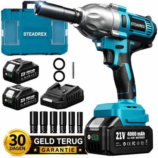 STEADREX 1/2 Slagmoersleutel – Krachtige draadloze elektrische slagmoersleutel voor het verwijderen van wielmoeren van auto's en voor thuisgebruik + GRATIS accu + GRATIS oplader
