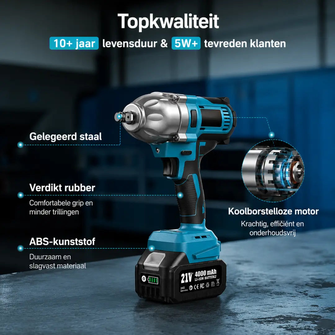 STEADREX 1/2 Slagmoersleutel – Krachtige draadloze elektrische slagmoersleutel voor het verwijderen van wielmoeren van auto's en voor thuisgebruik + GRATIS accu + GRATIS oplader