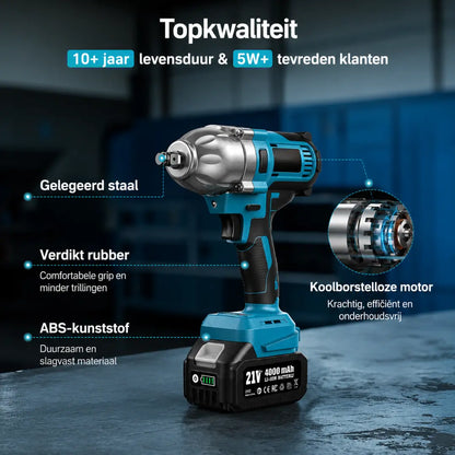 STEADREX 1/2 Slagmoersleutel – Krachtige draadloze elektrische slagmoersleutel voor het verwijderen van wielmoeren van auto's en voor thuisgebruik + GRATIS accu + GRATIS oplader