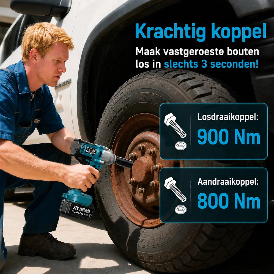 STEADREX 1/2 Slagmoersleutel – Krachtige draadloze elektrische slagmoersleutel voor het verwijderen van wielmoeren van auto's en voor thuisgebruik + GRATIS accu + GRATIS oplader