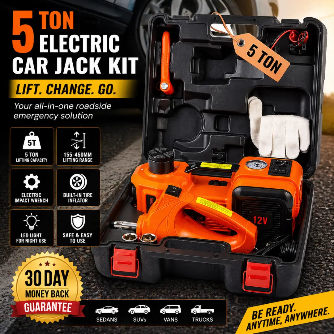 Gato hidráulico eléctrico STEADREX EasyJack™ 5T de 12 V, kit de emergencia completo