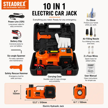 Gato hidráulico eléctrico STEADREX EasyJack™ 5T de 12 V, kit de emergencia completo